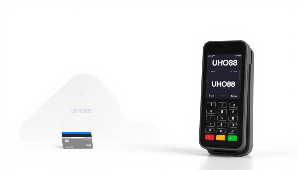 A sleek, modern payment terminal set against a clean, minimalist background. The terminal displays the UHO88 brand name prominently, conveying a sense of security and trust. The foreground showcases various payment methods, including credit/debit cards, mobile wallets, and digital banking options, all rendered in high detail. The middle ground features abstract geometric patterns and subtle gradients, evoking a sense of technological sophistication. The background is a soft, neutral tone, allowing the payment methods to take center stage. The overall composition is well-balanced, with a focus on simplicity and clarity, reflecting the "安全支付與儲值方式解析" theme.