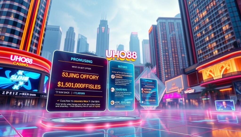 A vibrant, futuristic scene depicting the "UHO88" entertainment city and its upcoming promotional events. In the foreground, a 3D holographic display showcases enticing offers and bonuses, bathed in neon hues. The middle ground features a sleek, ultramodern casino facade with cutting-edge architectural elements. The background is a cityscape of towering skyscrapers, their windows glowing with the promise of technological advancements. Soft, diffused lighting casts an aura of excitement and anticipation, while a sense of dynamic movement is captured through strategically placed virtual elements. The overall atmosphere conveys a vision of the future of entertainment, where UHO88 stands as a beacon of innovation and unparalleled gaming experiences.