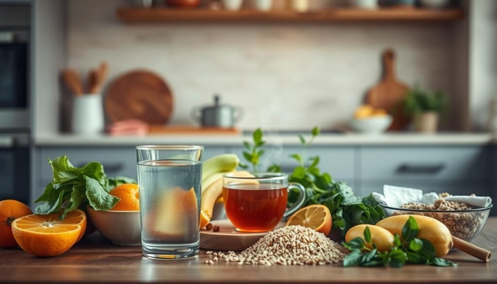 A calm, serene kitchen scene with a variety of healthy foods and beverages arranged neatly on a wooden table. In the foreground, a glass of water and an assortment of fresh fruits and vegetables, such as oranges, leafy greens, and whole grains. In the middle ground, a steaming cup of tea or herbal infusion, accompanied by soothing natural elements like a small potted plant. The background is softly blurred, creating a sense of tranquility and focus on the central subjects. The overall mood is one of balance, harmony, and well-being, suggesting a holistic approach to addressing the issue of inner ear fluid imbalance.