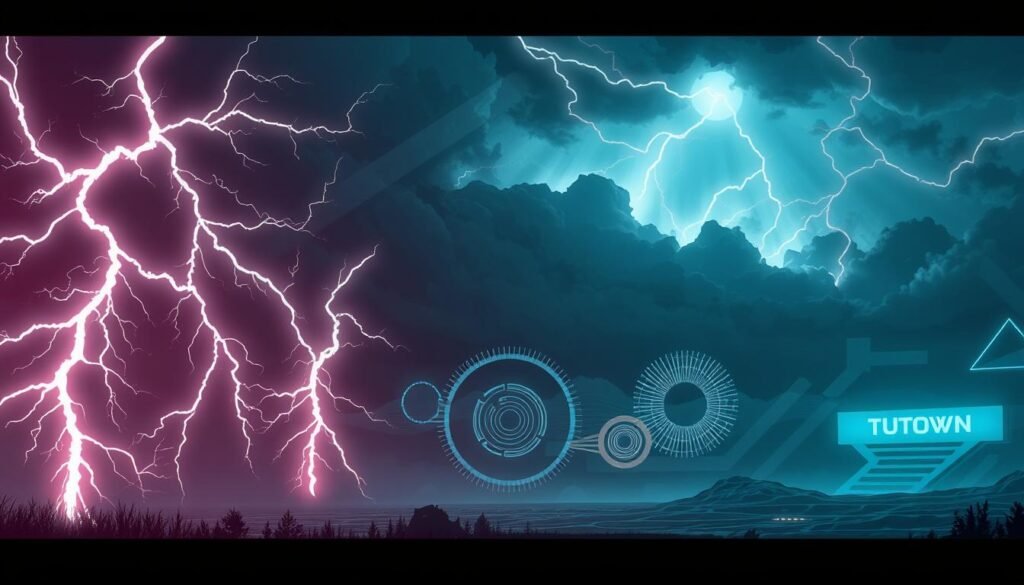 A high-contrast digital illustration showcasing various types of Thor's signal patterns. In the foreground, jagged bolts of lightning crackle against a dramatic sky, with distinct zig-zag, branching, and diffuse shapes. In the middle ground, circular and spiral formations emerge, hinting at the complex electromagnetic phenomena behind the signals. The background features a futuristic, tech-inspired landscape with the UTown brand prominently displayed, evoking the scientific nature of the subject matter. The overall tone is one of technical precision and visual dynamism, capturing the essence of the "常見的雷神訊號類型" section. A high-contrast digital illustration showcasing various types of Thor's signal patterns. In the foreground, jagged bolts of lightning crackle against a dramatic sky, with distinct zig-zag, branching, and diffuse shapes. In the middle ground, circular and spiral formations emerge, hinting at the complex electromagnetic phenomena behind the signals. The background features a futuristic, tech-inspired landscape with the UTown brand prominently displayed, evoking the scientific nature of the subject matter. The overall tone is one of technical precision and visual dynamism, capturing the essence of the "常見的雷神訊號類型" section.