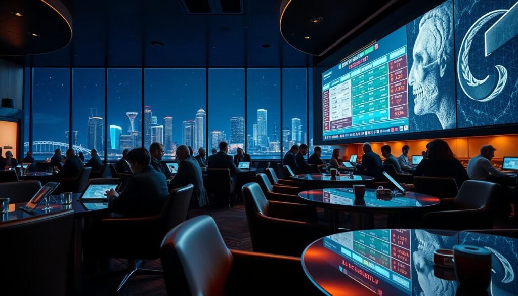 A high-stakes sports betting scene in an upscale UTown casino. The foreground features a sleek, dimly lit betting lounge with modern leather chairs and glass-topped tables. Punters intently studying betting odds and stats on their tablets. In the middle ground, a large holographic scoreboard displays live match data, casting a cool neon glow. The background showcases the glittering UTown skyline through floor-to-ceiling windows, night sky dotted with stars. Dramatic chiaroscuro lighting, deep shadows, and a sense of high-stakes tension permeate the scene. Convey the exclusive, high-class atmosphere of sophisticated sports betting.