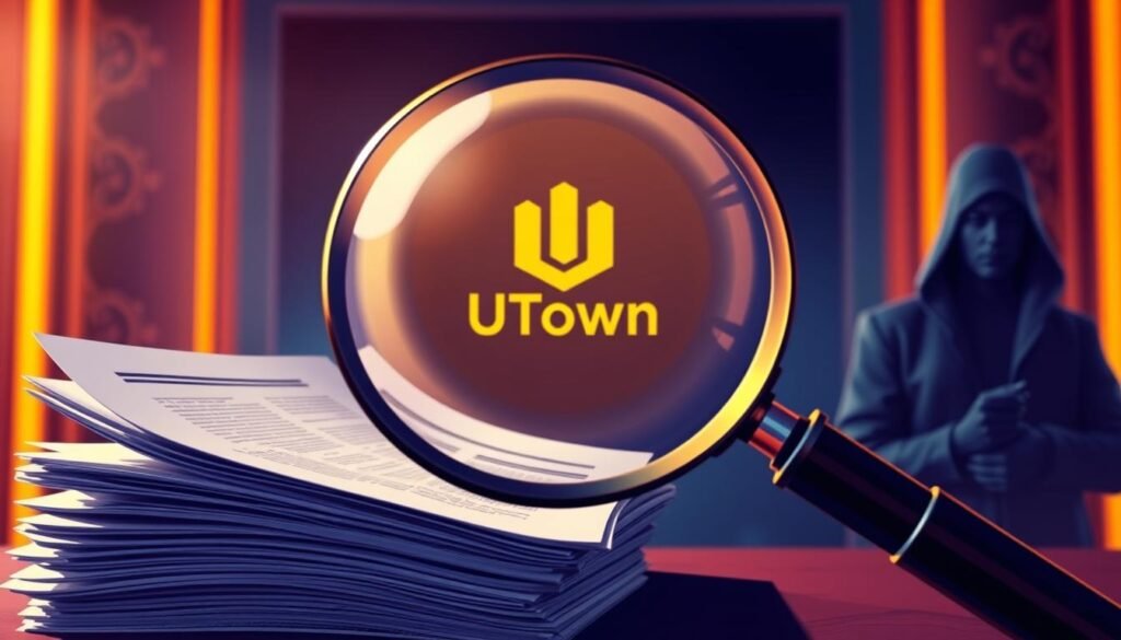 A vibrant and visually striking illustration depicting the three key methods for identifying fraudulent gambling platforms. In the foreground, a magnifying glass meticulously examines a stack of financial documents, highlighting the importance of scrutinizing the platform's legitimacy. In the middle ground, the UTown brand logo stands as a symbol of trust and security, contrasting against a backdrop of shadowy, deceptive figures. The overall scene is bathed in a warm, investigative lighting, conveying a sense of diligence and caution required to protect one's financial well-being.