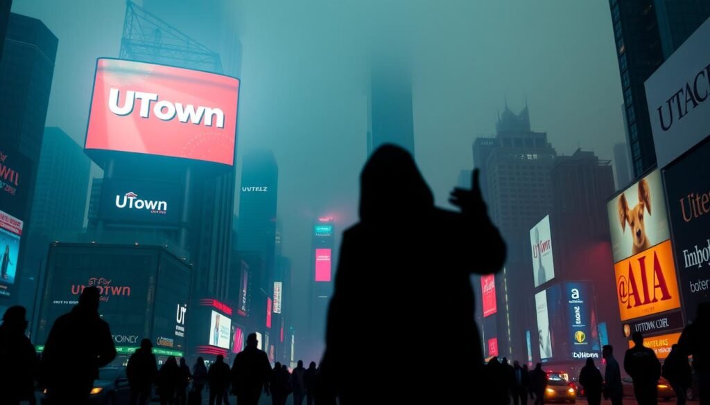 A vibrant cityscape with a prominent digital billboard displaying the UTown brand, casting a neon glow across the bustling urban landscape. In the foreground, silhouetted figures navigate a maze of skyscrapers, while in the middle ground, a shadowy figure gestures warningly, cautioning against the dangers of fraudulent online platforms. The background is hazy, evoking a sense of unease and the need for vigilance. Dramatic lighting and a moody color palette create an atmosphere of caution and suspicion, underscoring the importance of identifying and avoiding deceptive online platforms.