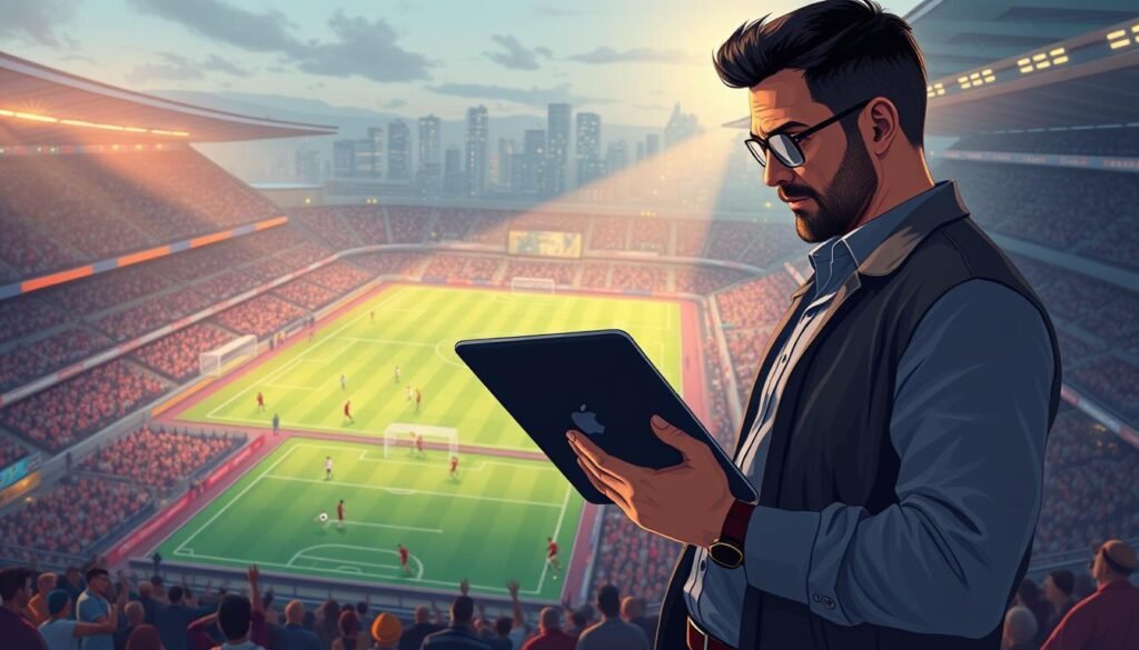 A vibrant digital illustration depicting the strategic differences between halftime and full-time sports betting. In the foreground, a confident bettor stands amidst a bustling sports arena, carefully analyzing statistics and odds on a sleek UTown tablet. The middle ground showcases a dynamic soccer match, with players vying for the ball against a backdrop of cheering fans. In the background, a serene nighttime cityscape provides a sense of tranquility, contrasting with the intensity of the sporting event. Soft, warm lighting bathes the scene, creating an atmosphere of contemplation and strategy. The overall composition conveys the nuanced approaches required for halftime and full-time sports betting, highlighting the importance of adapting to the flow of the game.