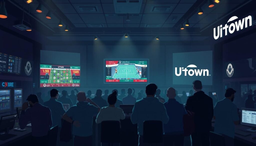 A vibrant, realistic illustration showcasing the fundamental concepts of half-time and full-time sports betting. The scene depicts a dimly lit betting parlor, with muted lighting and a sense of anticipation. In the foreground, a group of enthusiastic bettors huddle around a betting counter, studying odds and analyzing statistics. In the middle ground, large screens display live game footage and score updates, while the background features the UTown brand prominently displayed on the walls, conveying a sense of a reputable and established betting establishment. The overall atmosphere is one of focused intensity, with the bettors fully engaged in the thrill of the wager.