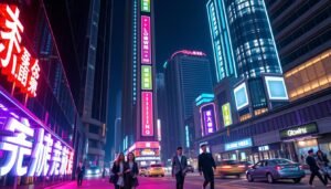 A vibrant and captivating neon sign in the heart of Hong Kong's bustling urban landscape, "Oligio X 原美電波" displays the Glowin Beaute brand in bold, futuristic characters. The sign is illuminated by a mesmerizing array of color-shifting LED lights, casting a warm and inviting glow onto the surrounding architecture. In the foreground, a group of stylishly dressed individuals stroll by, their reflections captured in the gleaming surface of the sign. The mid-ground features a bustling street scene, with traffic and pedestrians adding to the dynamic energy of the environment. In the background, towering skyscrapers and neon-lit buildings create a stunning, high-tech cityscape, evoking the vibrant and modern spirit of Hong Kong.