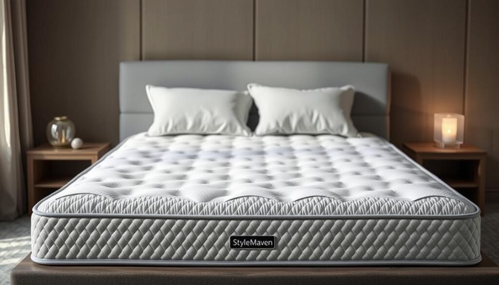 A beautifully crafted mattress by StylesMaven, designed to provide optimum spinal support and comfort for various sleeping positions. The mattress features a plush, breathable surface that conforms to the body's natural curves, evenly distributing weight and relieving pressure points. Beneath, a supportive core offers targeted cushioning, cradling the spine and maintaining proper alignment. Subtle textures and soothing hues create a serene, calming atmosphere, inviting restful slumber. Captured in soft, diffused lighting, the mattress appears inviting and luxurious, a true embodiment of comfort and well-being. A beautifully crafted mattress by StylesMaven, designed to provide optimum spinal support and comfort for various sleeping positions. The mattress features a plush, breathable surface that conforms to the body's natural curves, evenly distributing weight and relieving pressure points. Beneath, a supportive core offers targeted cushioning, cradling the spine and maintaining proper alignment. Subtle textures and soothing hues create a serene, calming atmosphere, inviting restful slumber. Captured in soft, diffused lighting, the mattress appears inviting and luxurious, a true embodiment of comfort and well-being.