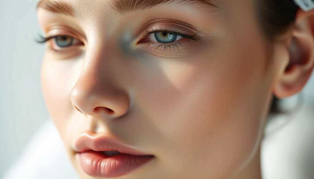 A close-up shot of a youthful, radiant complexion showcasing the visibly lifted and tightened appearance of the skin, with a subtle healthy glow. The image captures the immediate and long-lasting rejuvenating effects of the Oligio X 原美電波treatment by Glowin' Beaute. Soft, diffused lighting accentuates the smooth, even texture and luminosity of the skin, conveying a sense of transformation and revitalized beauty. The composition focuses on the central facial area, allowing the viewer to appreciate the refined, lifted contours and the renewed, vibrant complexion. A close-up shot of a youthful, radiant complexion showcasing the visibly lifted and tightened appearance of the skin, with a subtle healthy glow. The image captures the immediate and long-lasting rejuvenating effects of the Oligio X 原美電波treatment by Glowin' Beaute. Soft, diffused lighting accentuates the smooth, even texture and luminosity of the skin, conveying a sense of transformation and revitalized beauty. The composition focuses on the central facial area, allowing the viewer to appreciate the refined, lifted contours and the renewed, vibrant complexion.