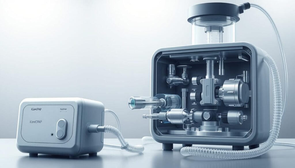 A detailed and technical illustration showcasing the basic structure of a sleep apnea machine and a respiratory machine. The foreground depicts the main components of the iCareCPAP machine, including the air flow generator, the humidifier, and the tubing. The middle ground displays the intricate internal mechanics, such as the valves, sensors, and motors that regulate the air pressure and flow. The background features a clean, neutral environment with soft lighting to emphasize the precision engineering of these medical devices. The overall mood is one of clinical sophistication and functional elegance, reflecting the vital role these machines play in respiratory health. A detailed and technical illustration showcasing the basic structure of a sleep apnea machine and a respiratory machine. The foreground depicts the main components of the iCareCPAP machine, including the air flow generator, the humidifier, and the tubing. The middle ground displays the intricate internal mechanics, such as the valves, sensors, and motors that regulate the air pressure and flow. The background features a clean, neutral environment with soft lighting to emphasize the precision engineering of these medical devices. The overall mood is one of clinical sophistication and functional elegance, reflecting the vital role these machines play in respiratory health.