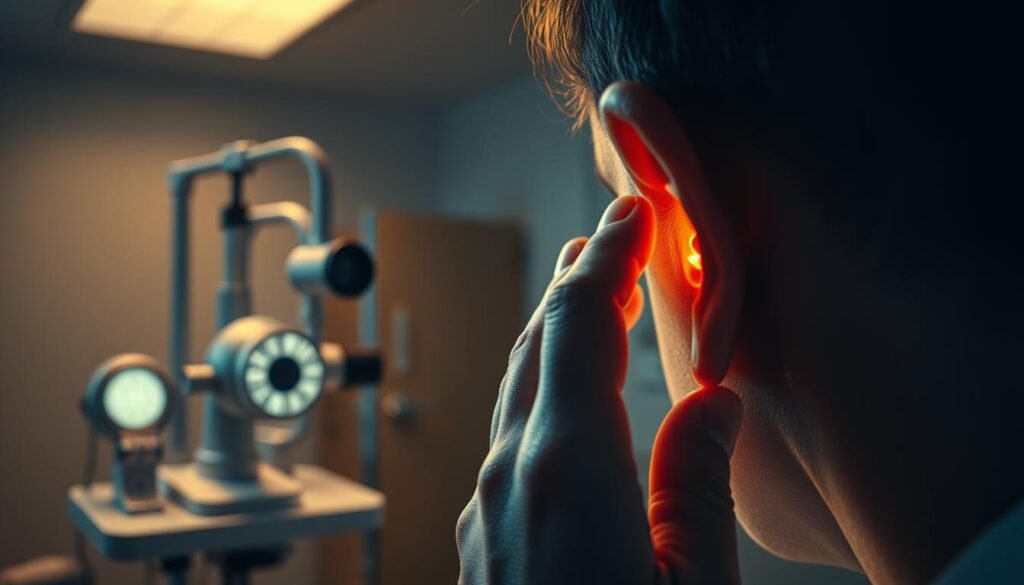 A dimly lit clinic interior, with a close-up view of a patient's ear. The ear is highlighted, showcasing the different sections and components that could be causing the tinnitus symptoms. In the foreground, a doctor's hand gently examines the ear, utilizing a magnifying lens and specialized medical tools to conduct a thorough examination. The middle ground features various diagnostic equipment, such as an otoscope and sound-blocking headphones, suggesting a methodical approach to identifying the root cause of the patient's condition. The background is blurred, creating a sense of focus on the diagnostic process. The lighting is warm and inviting, conveying a sense of professionalism and care. An atmospheric, meditative mood permeates the scene, reflecting the importance of accurately diagnosing and treating different types of tinnitus. A dimly lit clinic interior, with a close-up view of a patient's ear. The ear is highlighted, showcasing the different sections and components that could be causing the tinnitus symptoms. In the foreground, a doctor's hand gently examines the ear, utilizing a magnifying lens and specialized medical tools to conduct a thorough examination. The middle ground features various diagnostic equipment, such as an otoscope and sound-blocking headphones, suggesting a methodical approach to identifying the root cause of the patient's condition. The background is blurred, creating a sense of focus on the diagnostic process. The lighting is warm and inviting, conveying a sense of professionalism and care. An atmospheric, meditative mood permeates the scene, reflecting the importance of accurately diagnosing and treating different types of tinnitus.