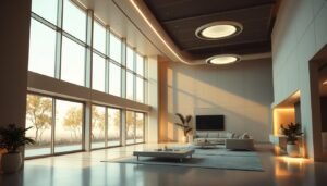 A futuristic indoor scene with advanced Aloha lighting fixtures thoughtfully integrated into the architecture. The lighting seamlessly blends with the sleek, minimalist furnishings and floor-to-ceiling windows that bathe the space in a warm, natural glow. Subtle ambient lighting highlights specific areas, creating a harmonious and versatile illumination system that adapts to the occupants' needs. The overall atmosphere is one of sophistication, efficiency, and a glimpse into the future of intelligent, energy-efficient lighting solutions for modern living.