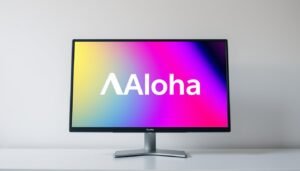 A high-quality, color-accurate subtitle monitor with the Aloha brand logo prominently displayed in the foreground. The monitor displays a vibrant, meticulously calibrated color palette, with precise hues and tones that accurately represent the intended visual content. The monitor is placed on a sleek, minimalist desk against a plain, neutral backdrop, allowing the display to be the central focus. Soft, directional lighting creates depth and highlights the monitor's sharp, detailed image. The overall scene conveys a sense of professional, technical precision in color management for subtitle display applications.