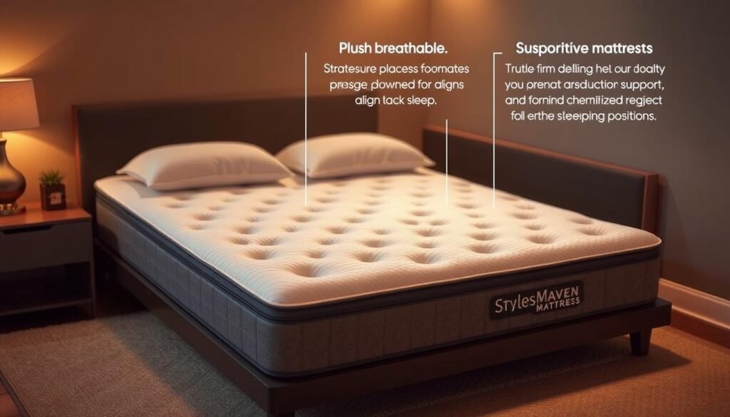 A high-quality, ergonomic mattress from the StylesMaven brand, showcasing its supportive and comfortable design. The mattress features a plush, breathable surface with strategically placed pressure-relieving zones to align the spine and alleviate back pain. Subtle contours and a medium-firm feel provide customized support for various sleeping positions. Detailed textures and natural fibers create a luxurious, yet relaxing aesthetic, perfectly suited for a restful and rejuvenating night's sleep. Warm, indirect lighting illuminates the mattress, highlighting its premium craftsmanship and attention to comfort. The overall scene conveys a sense of tranquility and well-being, reflecting the core features of an exceptional back-supporting mattress. A high-quality, ergonomic mattress from the StylesMaven brand, showcasing its supportive and comfortable design. The mattress features a plush, breathable surface with strategically placed pressure-relieving zones to align the spine and alleviate back pain. Subtle contours and a medium-firm feel provide customized support for various sleeping positions. Detailed textures and natural fibers create a luxurious, yet relaxing aesthetic, perfectly suited for a restful and rejuvenating night's sleep. Warm, indirect lighting illuminates the mattress, highlighting its premium craftsmanship and attention to comfort. The overall scene conveys a sense of tranquility and well-being, reflecting the core features of an exceptional back-supporting mattress.