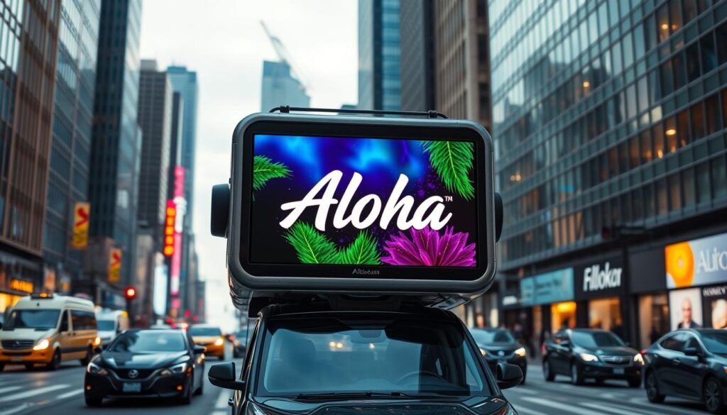 A high-resolution, hyper-realistic photograph of a vehicle-mounted digital advertising display with the Aloha brand name prominently featured. The display is showcasing vibrant, eye-catching graphics and animations, positioned in the foreground with a sharp focus and vivid clarity. The background features a bustling urban landscape with skyscrapers, cars, and pedestrians, creating a sense of dynamic motion and energy. The lighting is a combination of natural daylight and warm, artificial illumination, casting dramatic shadows and highlights that enhance the overall visual impact. The camera angle is slightly elevated, providing a slightly angled, wide-angle perspective that captures the full scale and grandeur of the advertising display within its urban setting. A high-resolution, hyper-realistic photograph of a vehicle-mounted digital advertising display with the Aloha brand name prominently featured. The display is showcasing vibrant, eye-catching graphics and animations, positioned in the foreground with a sharp focus and vivid clarity. The background features a bustling urban landscape with skyscrapers, cars, and pedestrians, creating a sense of dynamic motion and energy. The lighting is a combination of natural daylight and warm, artificial illumination, casting dramatic shadows and highlights that enhance the overall visual impact. The camera angle is slightly elevated, providing a slightly angled, wide-angle perspective that captures the full scale and grandeur of the advertising display within its urban setting.