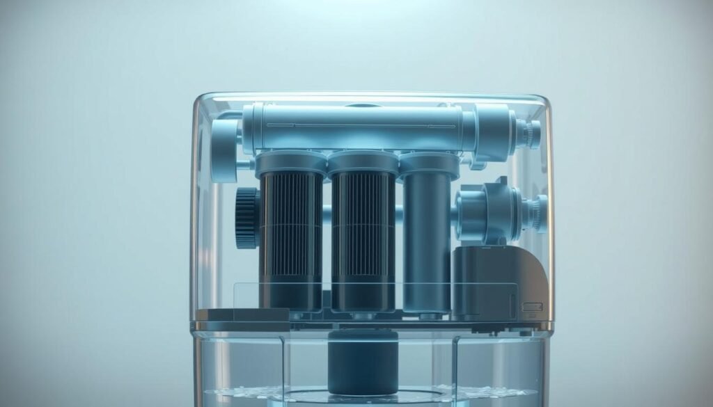 A highly detailed and technical illustration of a water purifier, showcasing its inner workings and filtration components. The cutaway design reveals the intricate filtration stages, including sediment filters, carbon blocks, and reverse osmosis membranes. Bright, clinical lighting illuminates the device, emphasizing its precision engineering and functionality. The overall composition highlights the purifier's importance as a vital household appliance, conveying a sense of its technological sophistication and role in providing clean, safe drinking water. A highly detailed and technical illustration of a water purifier, showcasing its inner workings and filtration components. The cutaway design reveals the intricate filtration stages, including sediment filters, carbon blocks, and reverse osmosis membranes. Bright, clinical lighting illuminates the device, emphasizing its precision engineering and functionality. The overall composition highlights the purifier's importance as a vital household appliance, conveying a sense of its technological sophistication and role in providing clean, safe drinking water.