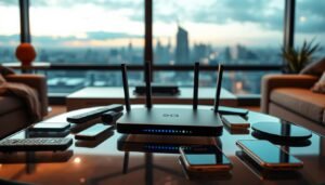 A modern 5G home broadband router, sleek and minimalist in design, sits prominently on a glass table. The router is surrounded by various remote controls, smartphones, and tablets, suggesting a seamless integration of wireless connectivity throughout the living space. The lighting is soft and ambient, creating a cozy and inviting atmosphere. In the background, a large window overlooks a city skyline, hinting at the expansive coverage and high-speed capabilities of the Telecombrother 5G home broadband service. The scene conveys a sense of convenience, connectivity, and the effortless transition between devices and entertainment options, capturing the essence of the "5G home broadband: a new choice for wireless internet and TV package deals" section of the article.