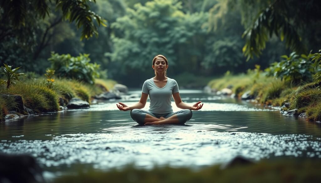 A serene and tranquil scene depicting the concept of "self-regulation of the autonomic nervous system" as a solution for tinnitus. In the foreground, a person sits in a lotus position, their eyes closed in meditation, radiating a sense of inner calm and focus. The middle ground features a gently flowing stream, its soothing sounds and reflective surface creating an atmosphere of relaxation. In the background, lush, verdant foliage and a soft, diffused lighting contribute to an overall sense of harmony and balance. The scene conveys the idea that by regulating the autonomic nervous system through practices like meditation, individuals can find relief from the debilitating effects of tinnitus. A serene and tranquil scene depicting the concept of "self-regulation of the autonomic nervous system" as a solution for tinnitus. In the foreground, a person sits in a lotus position, their eyes closed in meditation, radiating a sense of inner calm and focus. The middle ground features a gently flowing stream, its soothing sounds and reflective surface creating an atmosphere of relaxation. In the background, lush, verdant foliage and a soft, diffused lighting contribute to an overall sense of harmony and balance. The scene conveys the idea that by regulating the autonomic nervous system through practices like meditation, individuals can find relief from the debilitating effects of tinnitus.
