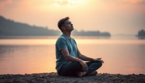 A serene landscape with a person sitting crossed-legged, deep in contemplation, against the backdrop of a tranquil lake. Soft, diffused lighting gently illuminates the scene, casting warm hues across the still waters and the person's face, which exudes a sense of inner peace and focus. The person's expression is one of calm concentration, as they explore techniques to alleviate the persistent ringing in their ears. The composition is balanced, with the person positioned centrally, surrounded by the calming natural elements that symbolize the methods for resolving the issue of tinnitus.