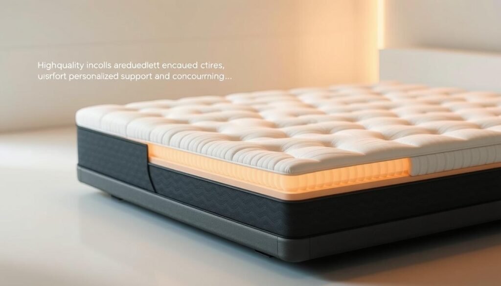 A sleek and modern StylesMaven independent pocket spring mattress, showcasing its intricate interior design. The mattress is depicted in a minimalist setting, with a soft, warm lighting illuminating the high-quality materials and construction. The focus is on the mattress's layered design, highlighting the individually encased coils that provide personalized support and contouring. The image conveys a sense of comfort, luxury, and the exceptional sleep experience offered by this specialized mattress. A sleek and modern StylesMaven independent pocket spring mattress, showcasing its intricate interior design. The mattress is depicted in a minimalist setting, with a soft, warm lighting illuminating the high-quality materials and construction. The focus is on the mattress's layered design, highlighting the individually encased coils that provide personalized support and contouring. The image conveys a sense of comfort, luxury, and the exceptional sleep experience offered by this specialized mattress.