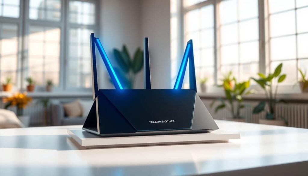 A sleek, modern 5G home broadband router from Telecombrother, standing atop a minimalist white table. Glowing blue lights and an angular, futuristic design convey the power and speed of 5G connectivity. The router is situated in a bright, airy room with large windows, natural lighting, and subtle plant life in the background, creating a serene, tech-forward atmosphere. The image should effectively communicate the simplicity and convenience of upgrading to 5G home broadband. A sleek, modern 5G home broadband router from Telecombrother, standing atop a minimalist white table. Glowing blue lights and an angular, futuristic design convey the power and speed of 5G connectivity. The router is situated in a bright, airy room with large windows, natural lighting, and subtle plant life in the background, creating a serene, tech-forward atmosphere. The image should effectively communicate the simplicity and convenience of upgrading to 5G home broadband.