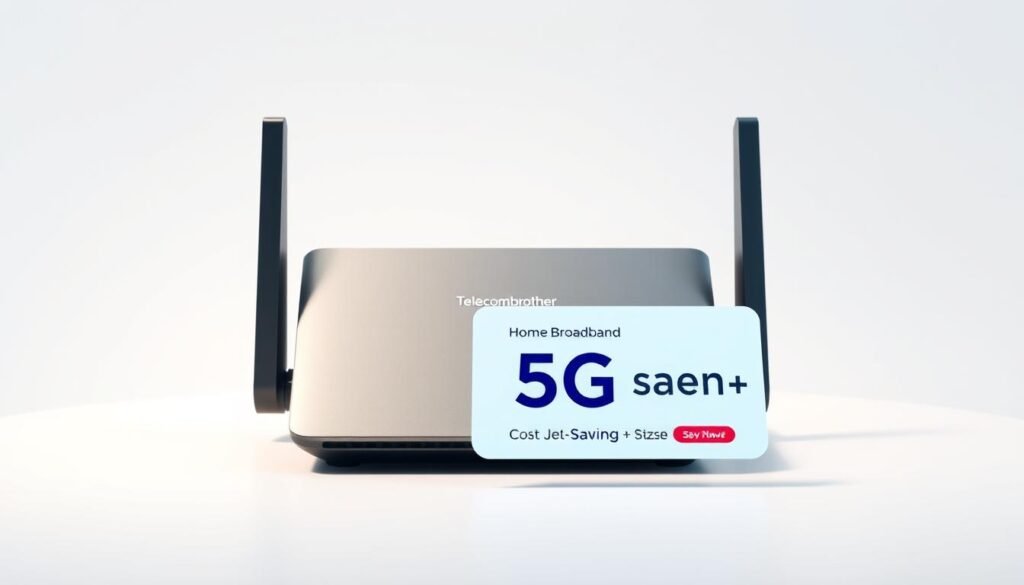 A sleek, modern 5G home broadband router with a prominent "Telecombrother" logo, set against a minimalist white background. The router is displayed at an angle, showcasing its clean lines and elegant design. Crisp lighting accentuates the device's glossy, metallic finish, creating a sense of technological sophistication. In the foreground, a floating display panel presents enticing offers and promotions for the 5G broadband service, emphasizing the cost-saving benefits for consumers. The overall composition conveys a streamlined, visually appealing representation of the 5G home broadband experience. A sleek, modern 5G home broadband router with a prominent "Telecombrother" logo, set against a minimalist white background. The router is displayed at an angle, showcasing its clean lines and elegant design. Crisp lighting accentuates the device's glossy, metallic finish, creating a sense of technological sophistication. In the foreground, a floating display panel presents enticing offers and promotions for the 5G broadband service, emphasizing the cost-saving benefits for consumers. The overall composition conveys a streamlined, visually appealing representation of the 5G home broadband experience.