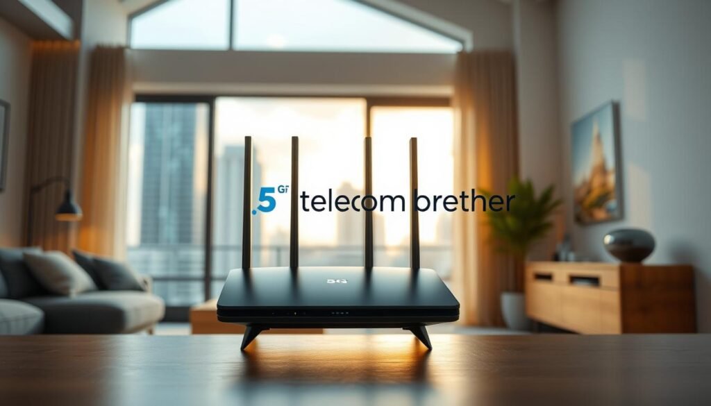 A sleek, modern 5G router standing proudly in a contemporary home setting. The device is highlighted with a soft, warm lighting, emphasizing its clean, minimalist design. In the background, a large window frames a cityscape, hinting at the high-speed connectivity the 5G network offers. The image conveys a sense of technological advancement and seamless integration with everyday domestic life. Prominently displayed is the Telecombrother brand name, signifying the provider of this innovative 5G home broadband solution. A sleek, modern 5G router standing proudly in a contemporary home setting. The device is highlighted with a soft, warm lighting, emphasizing its clean, minimalist design. In the background, a large window frames a cityscape, hinting at the high-speed connectivity the 5G network offers. The image conveys a sense of technological advancement and seamless integration with everyday domestic life. Prominently displayed is the Telecombrother brand name, signifying the provider of this innovative 5G home broadband solution.