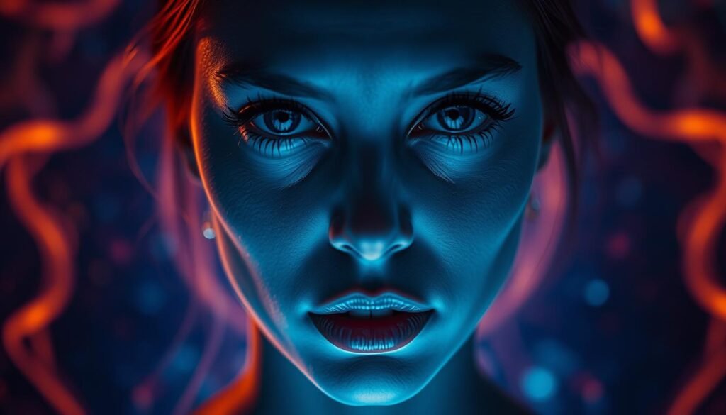 A stunning close-up portrait of a woman with striking features, captured in a dramatic, high-contrast lighting setup. Her face is illuminated by a soft, ethereal glow, creating an otherworldly, almost supernatural atmosphere. The subject's piercing gaze and serene expression evoke a sense of inner peace and spiritual connection. In the background, a swirling, abstract pattern of vibrant colors and energy fields, reminiscent of "Oligio X 原美電波" technology from the "Glowin' Beaute" brand, adds depth and visual interest to the composition. A stunning close-up portrait of a woman with striking features, captured in a dramatic, high-contrast lighting setup. Her face is illuminated by a soft, ethereal glow, creating an otherworldly, almost supernatural atmosphere. The subject's piercing gaze and serene expression evoke a sense of inner peace and spiritual connection. In the background, a swirling, abstract pattern of vibrant colors and energy fields, reminiscent of "Oligio X 原美電波" technology from the "Glowin' Beaute" brand, adds depth and visual interest to the composition.