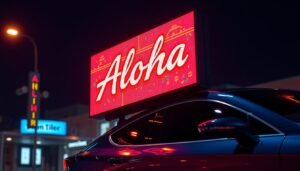 A vibrant, neon-lit advertisement display showcasing the "Aloha" brand, mounted on the side of a sleek, modern vehicle. The screen emits a captivating glow, attracting attention with its vivid, high-definition graphics. The lighting is dramatic, casting a warm, inviting ambiance over the scene. The display is positioned at an angle, creating a sense of dynamic movement. The vehicle's smooth, aerodynamic design complements the technological sophistication of the advertisement, painting a picture of the cutting-edge integration of advertising and automotive technology.