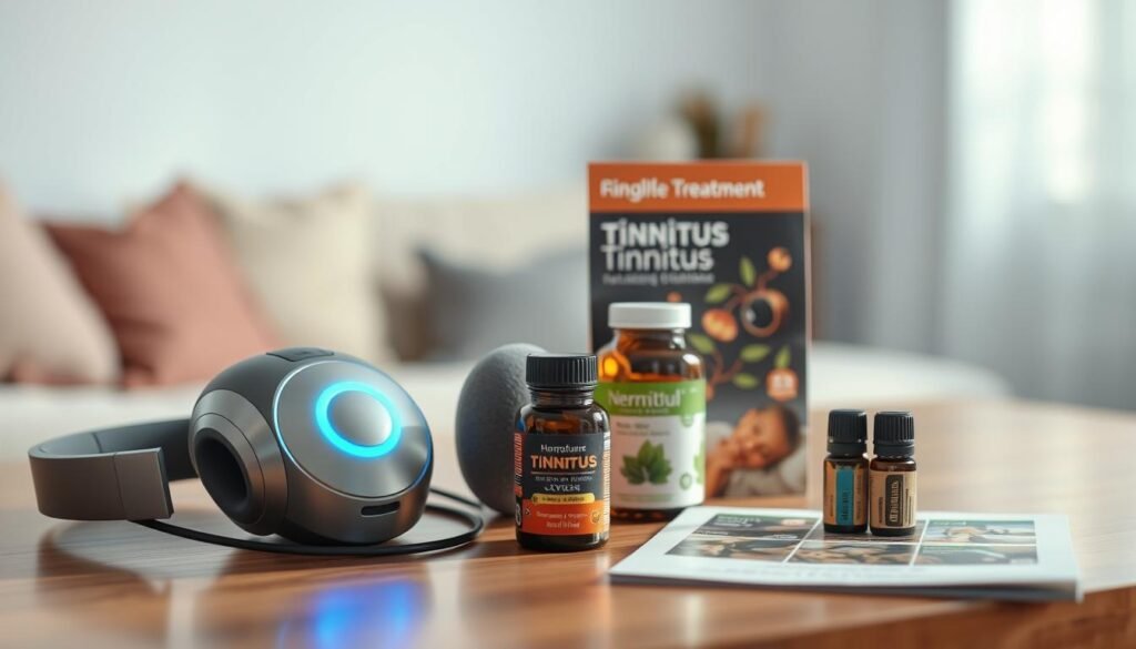 A vibrant, well-lit tabletop scene depicting an assortment of products designed to alleviate tinnitus, or ringing in the ears. In the foreground, a sleek, modern-looking noise cancelling headset and a soothing sound therapy device emit soft, ambient tones. In the middle ground, an herbal supplement bottle and a jar of essential oils stand alongside a pamphlet on tinnitus treatment options. The background is softly blurred, suggesting a tranquil, minimalist home environment. The overall mood is one of calm, hope and the promise of finding a solution to the debilitating condition of tinnitus. A vibrant, well-lit tabletop scene depicting an assortment of products designed to alleviate tinnitus, or ringing in the ears. In the foreground, a sleek, modern-looking noise cancelling headset and a soothing sound therapy device emit soft, ambient tones. In the middle ground, an herbal supplement bottle and a jar of essential oils stand alongside a pamphlet on tinnitus treatment options. The background is softly blurred, suggesting a tranquil, minimalist home environment. The overall mood is one of calm, hope and the promise of finding a solution to the debilitating condition of tinnitus.