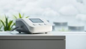 A well-maintained iCareCPAP sleep apnea machine resting on a clean, minimal desk. The device is positioned in a soft, diffused light, accentuating its sleek, modern design. The machine's controls and display are clearly visible, suggesting ease of use. In the background, a blurred, calming landscape of natural elements, such as greenery or a soothing water feature, creates a serene, therapeutic atmosphere. The overall composition conveys a sense of simplicity, efficiency, and the importance of proper care for one's sleep apnea treatment equipment.