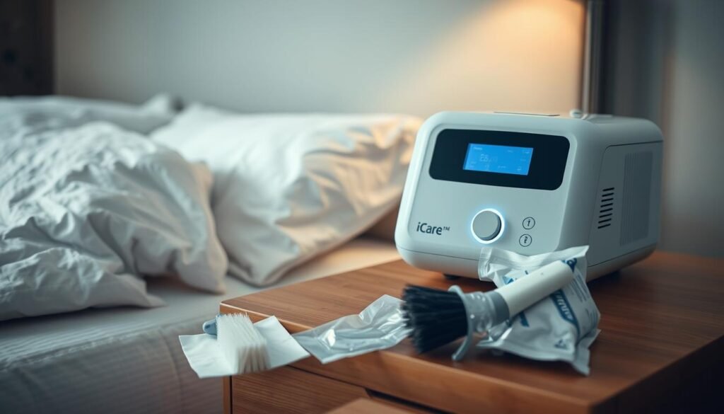 A well-maintained iCareCPAP sleep apnea machine sits on a clean, wooden nightstand. The device has a sleek, modern design with soft lighting illuminating its display. In the foreground, an assortment of cleaning supplies, including a brush and disinfecting wipes, are neatly arranged, indicating the importance of regular maintenance. The middle ground features a cozy, minimalist bedroom setting with subtle textures and muted colors, creating a calming atmosphere. The background subtly suggests the changing of seasons, hinting at the need for seasonal adjustments to the machine's settings and care. The overall scene conveys a sense of effortless care and attention to detail, emphasizing the importance of proper maintenance for optimal sleep health. A well-maintained iCareCPAP sleep apnea machine sits on a clean, wooden nightstand. The device has a sleek, modern design with soft lighting illuminating its display. In the foreground, an assortment of cleaning supplies, including a brush and disinfecting wipes, are neatly arranged, indicating the importance of regular maintenance. The middle ground features a cozy, minimalist bedroom setting with subtle textures and muted colors, creating a calming atmosphere. The background subtly suggests the changing of seasons, hinting at the need for seasonal adjustments to the machine's settings and care. The overall scene conveys a sense of effortless care and attention to detail, emphasizing the importance of proper maintenance for optimal sleep health.