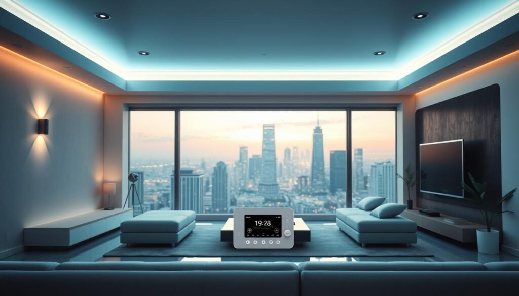 Aloha - a futuristic smart home with seamless lighting integration. In the foreground, a sleek, minimalist living room displays dynamic, adaptive lighting that responds to user movements and preferences. Ambient bulbs embedded in the ceiling and walls emit a warm, soothing glow, while accent lights highlight architectural features. In the middle ground, a cutting-edge Aloha control panel allows for precise, voice-activated lighting adjustments. The background showcases a panoramic view of a bustling, high-tech city skyline, hinting at the widespread adoption of intelligent lighting systems that enhance energy efficiency and user experience. Cinematic lighting, clean lines, and a tranquil atmosphere evoke a vision of the future where Aloha's innovative technology seamlessly integrates with daily life. Aloha - a futuristic smart home with seamless lighting integration. In the foreground, a sleek, minimalist living room displays dynamic, adaptive lighting that responds to user movements and preferences. Ambient bulbs embedded in the ceiling and walls emit a warm, soothing glow, while accent lights highlight architectural features. In the middle ground, a cutting-edge Aloha control panel allows for precise, voice-activated lighting adjustments. The background showcases a panoramic view of a bustling, high-tech city skyline, hinting at the widespread adoption of intelligent lighting systems that enhance energy efficiency and user experience. Cinematic lighting, clean lines, and a tranquil atmosphere evoke a vision of the future where Aloha's innovative technology seamlessly integrates with daily life.