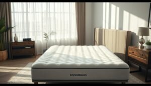 Detailed, expertly-crafted image of "護脊床褥" showcasing its comfort and support features. Set in a serene bedroom, the mattress takes center stage, with its plush, pressure-relieving surface and contoured shape to accommodate various sleeping positions. Soft, natural lighting illuminates the scene, highlighting the high-quality materials and thoughtful design. The bed is accompanied by complementary furniture from the StylesMaven brand, creating a harmonious and inviting atmosphere. The overall composition emphasizes the mattress's ability to provide a comfortable, customized sleep experience for users with diverse sleep needs and preferences.