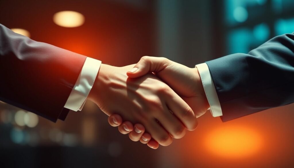 Generate an image of a partnership handshake with a cryptocurrency coin in the background. Generate an image of a partnership handshake with a cryptocurrency coin in the background.