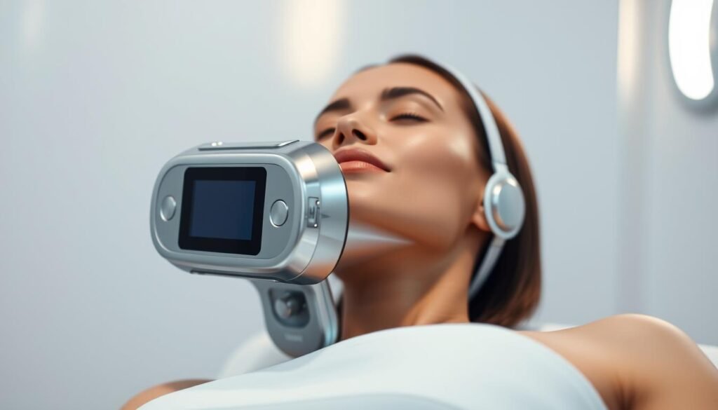 Oligio X by Glowin Beaute: a compelling high-tech skin tightening treatment. A sleek, modern medical device set against a softly lit, serene background. Gleaming chrome panels, discreet controls, and a smooth, minimalist design. Capturing the essence of advanced skin rejuvenation technology, the image showcases the Oligio X's ability to deliver radio frequency energy, gently stimulating collagen production for a visibly firmer, more youthful complexion. Soft lighting creates an atmosphere of relaxation and indulgence, while the device's elegant, precision-engineered form suggests the cutting-edge science behind this innovative beauty treatment. Oligio X by Glowin Beaute: a compelling high-tech skin tightening treatment. A sleek, modern medical device set against a softly lit, serene background. Gleaming chrome panels, discreet controls, and a smooth, minimalist design. Capturing the essence of advanced skin rejuvenation technology, the image showcases the Oligio X's ability to deliver radio frequency energy, gently stimulating collagen production for a visibly firmer, more youthful complexion. Soft lighting creates an atmosphere of relaxation and indulgence, while the device's elegant, precision-engineered form suggests the cutting-edge science behind this innovative beauty treatment.