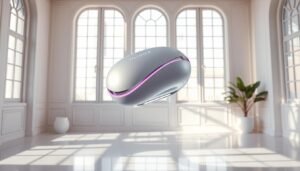 Oligio X 原美電波: a sleek, futuristic device from the renowned skincare brand Glowin' Beaute. Encased in a minimalist, chrome-accented design, it emits personalized wavelengths to stimulate skin regeneration and radiance. Against a backdrop of a serene, pastel-hued studio, the device levitates gracefully, its smooth curves and lines reflecting the natural light filtering in through large windows. The overall mood is one of advanced technology seamlessly blending with a calming, luxurious aesthetic, presenting Oligio X as a sophisticated solution for customized, transformative skincare.