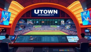 a detailed illustration of a sports betting guide, showcasing the UTown Entertainment City sports betting experience. In the foreground, a clean and modern sports betting interface, with sleek icons and intuitive controls. The middle ground features a wide array of sports events, including football, basketball, and horse racing, displayed on a large screen. The background depicts the UTown Entertainment City branding, with a vibrant and dynamic atmosphere, creating an immersive sports betting experience. The overall image conveys a sense of sophistication, technology, and excitement, reflecting the high-quality sports betting services offered by UTown.