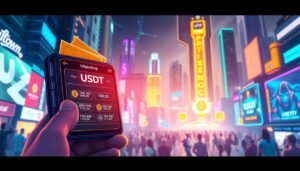 A beautifully crafted illustration showcasing the use of USDT in the UTown entertainment platform. Set against a vibrant, neon-lit cityscape, the foreground features a digital wallet interface displaying the TRC-20 and ERC-20 token options. The middle ground highlights the seamless transaction process, with intuitive gestures and glowing UI elements. The background immerses the viewer in a futuristic, techno-infused atmosphere, complete with holographic displays and a pulsing, electrified skyline. The overall composition conveys a sense of innovation, accessibility, and the seamless integration of cryptocurrency into the UTown entertainment experience.