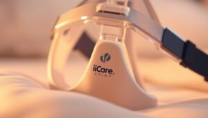 A detailed close-up of a high-quality sleep apnea CPAP mask, featuring the iCareCPAP brand logo. The mask is made of a durable, hypoallergenic silicone material with a soft, flexible frame for maximum comfort and seal. Illuminated by warm, diffused lighting, the mask's surface texture and material properties are clearly visible, showcasing its premium, medical-grade construction. The image has a crisp, photorealistic style with a focus on the tactile qualities of the mask, conveying a sense of reliability and safety for sleep apnea patients.