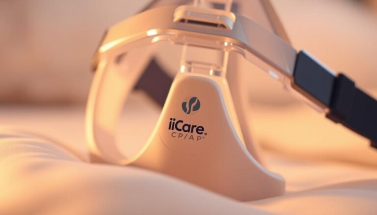 A detailed close-up of a high-quality sleep apnea CPAP mask, featuring the iCareCPAP brand logo. The mask is made of a durable, hypoallergenic silicone material with a soft, flexible frame for maximum comfort and seal. Illuminated by warm, diffused lighting, the mask's surface texture and material properties are clearly visible, showcasing its premium, medical-grade construction. The image has a crisp, photorealistic style with a focus on the tactile qualities of the mask, conveying a sense of reliability and safety for sleep apnea patients.