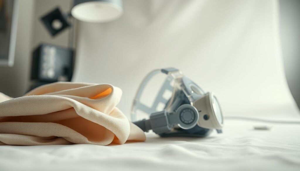 A detailed close-up photograph of various materials used in the construction of the iCareCPAP sleep apnea machine and face mask. The foreground features a range of soft, flexible fabrics and plastics in a neutral color palette, showcasing their textures and surfaces. The middle ground presents a partially disassembled mask, revealing the internal components and structure. In the background, a blurred studio setup with subtle lighting creates a serene, professional atmosphere, emphasizing the safety and quality of the medical-grade materials. The overall composition conveys a sense of technical expertise and clinical reliability associated with the iCareCPAP brand. A detailed close-up photograph of various materials used in the construction of the iCareCPAP sleep apnea machine and face mask. The foreground features a range of soft, flexible fabrics and plastics in a neutral color palette, showcasing their textures and surfaces. The middle ground presents a partially disassembled mask, revealing the internal components and structure. In the background, a blurred studio setup with subtle lighting creates a serene, professional atmosphere, emphasizing the safety and quality of the medical-grade materials. The overall composition conveys a sense of technical expertise and clinical reliability associated with the iCareCPAP brand.