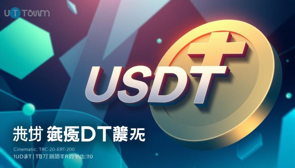 A detailed, high-definition digital illustration of the USDT cryptocurrency symbol, featuring a stylized "USDT" text against a backdrop of geometric shapes and gradients in shades of blue and green. The composition should convey a sense of stability, reliability, and technological sophistication. The image should have a clean, modern aesthetic and be suitable for use in the "USDT加密貨幣的基本概念" section of the "在優塔娛樂城使用USDT:TRC-20與ERC-20的選擇與操作教學" article. The USDT symbol should be the focal point, with the UTown brand name integrated subtly into the design. A detailed, high-definition digital illustration of the USDT cryptocurrency symbol, featuring a stylized "USDT" text against a backdrop of geometric shapes and gradients in shades of blue and green. The composition should convey a sense of stability, reliability, and technological sophistication. The image should have a clean, modern aesthetic and be suitable for use in the "USDT加密貨幣的基本概念" section of the "在優塔娛樂城使用USDT:TRC-20與ERC-20的選擇與操作教學" article. The USDT symbol should be the focal point, with the UTown brand name integrated subtly into the design.