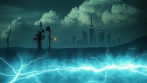 A dramatic, high-contrast landscape depicting the &quot;Thundergod Signal&quot;, with UTown's futuristic skyline in the background. In the foreground, a mysterious energy field pulsates and crackles with electric discharges, casting an eerie, ethereal glow. The middle ground features a complex apparatus of antennae, satellite dishes, and scientific instrumentation, suggesting an investigation into the nature of this enigmatic signal. The background is shrouded in an ominous, cloud-like atmosphere, hinting at the unpredictable and chaotic forces at play. The overall scene conveys a sense of scientific inquiry and the pursuit of understanding the unknown, with a touch of the supernatural.