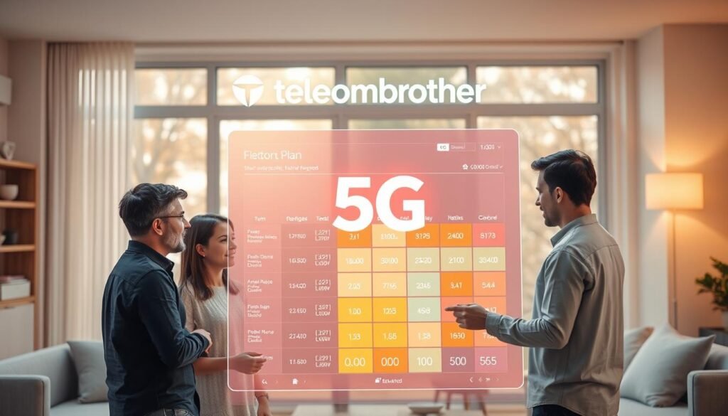 A family gathered around a large 5G network plan, with the Telecombrother logo prominently displayed. The plan data is shown as a glowing, holographic interface, with different colored blocks representing shared data allocations for each family member. The scene is set in a modern, minimalist home interior, with large windows that let in warm, natural lighting. The family members are engaged, discussing and adjusting the plan settings on a sleek, floating control panel. The atmosphere conveys a sense of efficiency, connectivity, and family harmony. A family gathered around a large 5G network plan, with the Telecombrother logo prominently displayed. The plan data is shown as a glowing, holographic interface, with different colored blocks representing shared data allocations for each family member. The scene is set in a modern, minimalist home interior, with large windows that let in warm, natural lighting. The family members are engaged, discussing and adjusting the plan settings on a sleek, floating control panel. The atmosphere conveys a sense of efficiency, connectivity, and family harmony.