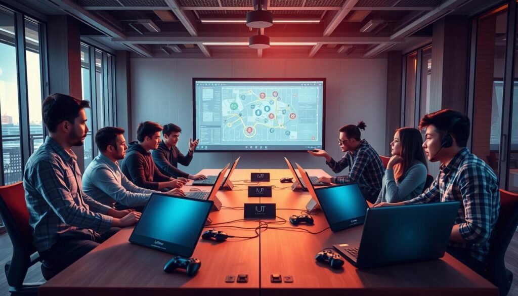 A modern and sleek-looking office space with floor-to-ceiling windows, casting a warm, natural light across the room. In the center, a large table with multiple UTown gaming laptops and controllers, indicating a strategy session or workshop. Around the table, several young professionals in casual attire are intently focused, gesturing and discussing a complex plan projected on a large screen behind them. The atmosphere is one of determination and excitement, as they explore new tactics and approaches to maximize their gaming success. A modern and sleek-looking office space with floor-to-ceiling windows, casting a warm, natural light across the room. In the center, a large table with multiple UTown gaming laptops and controllers, indicating a strategy session or workshop. Around the table, several young professionals in casual attire are intently focused, gesturing and discussing a complex plan projected on a large screen behind them. The atmosphere is one of determination and excitement, as they explore new tactics and approaches to maximize their gaming success.