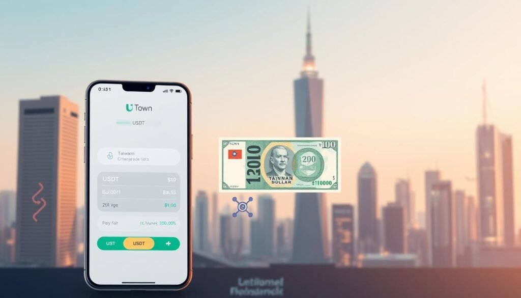 A modern digital illustration depicting the conversion of USDT to Taiwanese Dollars. In the foreground, a sleek UTown banking app interface shows the USDT balance and the exchange rate. In the middle ground, a stylized Taiwan dollar banknote emerges, representing the successful conversion. The background features a clean, minimalist cityscape with skyscrapers and technological motifs, conveying a sense of financial security and technological sophistication. The lighting is soft and warm, creating a professional and trustworthy atmosphere. The composition is balanced and the color palette is muted yet vibrant, reflecting the reliable and efficient nature of the transaction. A modern digital illustration depicting the conversion of USDT to Taiwanese Dollars. In the foreground, a sleek UTown banking app interface shows the USDT balance and the exchange rate. In the middle ground, a stylized Taiwan dollar banknote emerges, representing the successful conversion. The background features a clean, minimalist cityscape with skyscrapers and technological motifs, conveying a sense of financial security and technological sophistication. The lighting is soft and warm, creating a professional and trustworthy atmosphere. The composition is balanced and the color palette is muted yet vibrant, reflecting the reliable and efficient nature of the transaction.