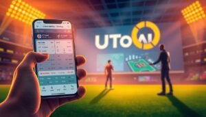 A vibrant sports betting strategy illustration with a dynamic composition. In the foreground, a hand holds a smartphone displaying real-time betting odds and statistics. In the middle ground, a figure analyzes a game on a laptop, surrounded by charts and graphs. In the background, the UTown logo stands prominently, conveying a sense of a sophisticated, technology-driven sports betting platform. The scene is illuminated by warm, focused lighting, creating a sense of intensity and focused decision-making. The overall mood is one of precision, data-driven strategy, and the thrill of sports betting.