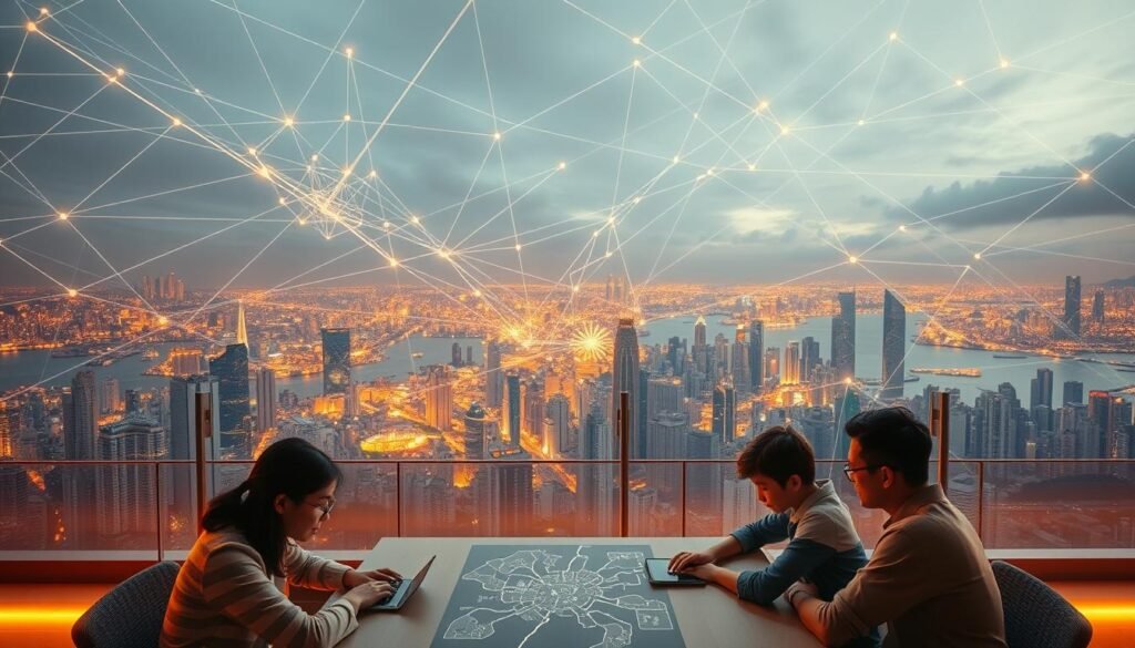 An expansive overhead view of the Telecombrother 5G network coverage across Hong Kong, with a serene city skyline in the background. The network is depicted as a vibrant web of interconnected lines and nodes, pulsing with energy and reaching into every corner of the urban landscape. The scene is bathed in a warm, golden light, creating a sense of technological sophistication and progress. The middle ground features a detailed map of Hong Kong, with clearly delineated neighborhoods and landmarks, showcasing the comprehensive nature of the 5G coverage. In the foreground, a family is gathered around a table, each member engaged with their own device, seamlessly connected to the Telecombrother network and sharing data effortlessly. An expansive overhead view of the Telecombrother 5G network coverage across Hong Kong, with a serene city skyline in the background. The network is depicted as a vibrant web of interconnected lines and nodes, pulsing with energy and reaching into every corner of the urban landscape. The scene is bathed in a warm, golden light, creating a sense of technological sophistication and progress. The middle ground features a detailed map of Hong Kong, with clearly delineated neighborhoods and landmarks, showcasing the comprehensive nature of the 5G coverage. In the foreground, a family is gathered around a table, each member engaged with their own device, seamlessly connected to the Telecombrother network and sharing data effortlessly.