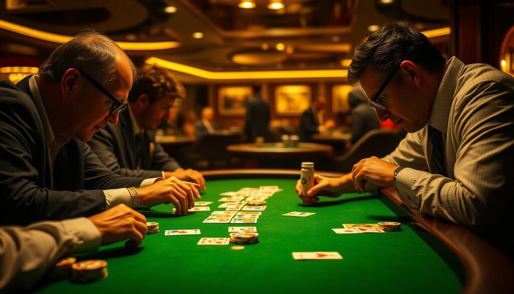 A dimly lit casino table, the green felt surface a canvas for the intricate dance of baccarat gameplay. Experienced players lean in, studying the cards with a keen eye, their expressions a mix of concentration and strategic contemplation. Subtle hand gestures and hushed exchanges reveal the mastery of well-honed techniques, as they navigate the nuances of the game's rules and probabilities. The scene is bathed in a warm, golden glow, creating an atmosphere of intensity and strategic precision, perfectly capturing the essence of "實戰中應用百家樂規則的技巧".