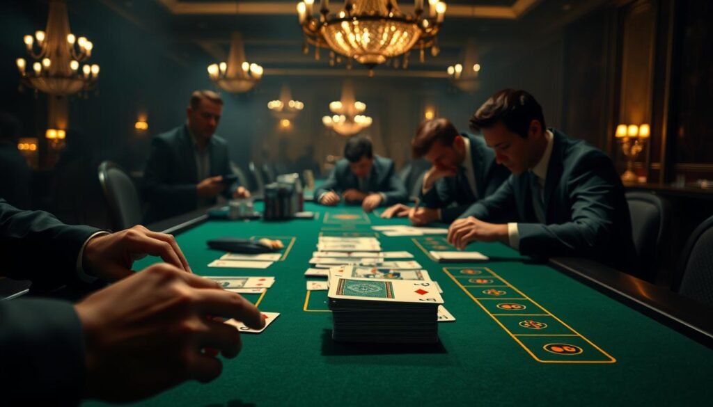 A dimly lit casino table with a green felt surface, the classic baccarat layout clearly visible. In the foreground, a dealer's hands expertly dealing cards, the focus on the intricate mechanics of the game. In the middle ground, players lean in, their expressions intense as they study the cards. The background is hazy, with the faint outlines of other tables and the glow of overhead chandeliers, creating an atmosphere of hushed concentration and high-stakes excitement. The lighting is soft and atmospheric, casting dramatic shadows and highlights across the scene. The overall composition conveys the strategic nuances and intensity of the baccarat gaming experience.
